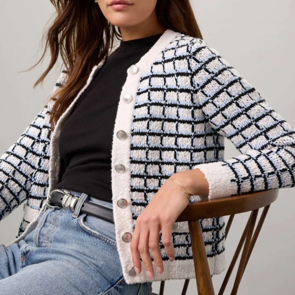 Veronica Beard Lavigne Check Knit Sweater Jacket in Blue & White Tweed Cardigan - Picture 2 of 9